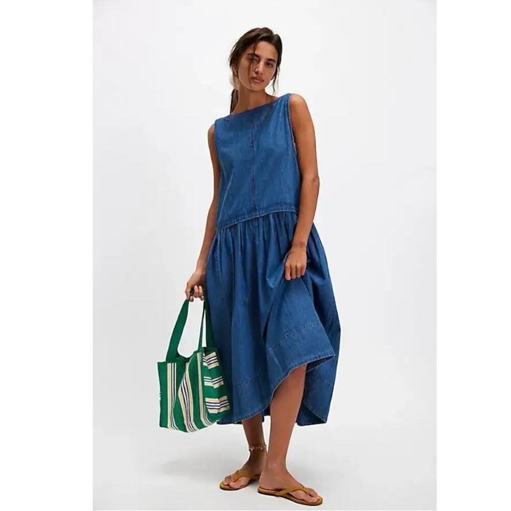 Free People Retro 90s Soraya Light Denim Sky Drop Waist Midi Jumper Dress Medium - Picture 5 of 13